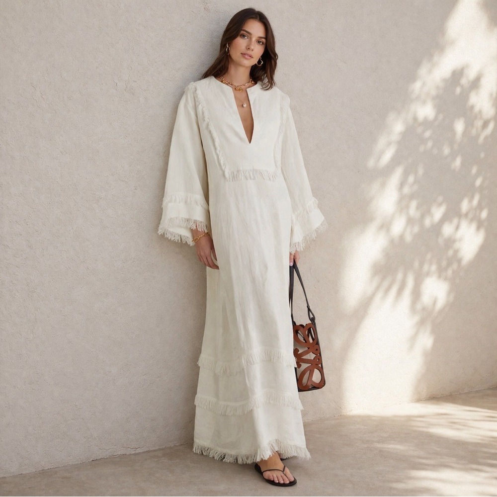 Fil De Vie White Linen Boho Maxi Dress XS Fringe Trim Long Sleeve Wedding